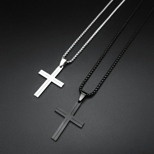 Mens Silver Black Cross Necklace Minimalist Stainless Steel Cross Pendant Necklace for Men Handmade Jewelry for Men Unique Gifts for Him
