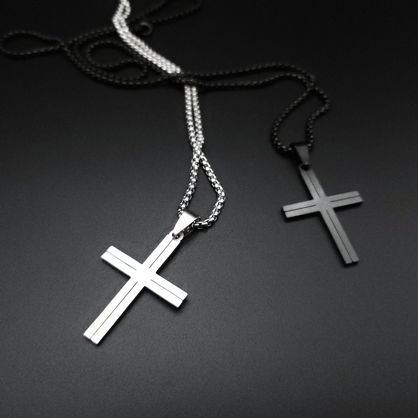 Mens Silver Black Cross Necklace Minimalist Stainless Steel Cross Pendant Necklace for Men Handmade Jewelry for Men Unique Gifts for Him