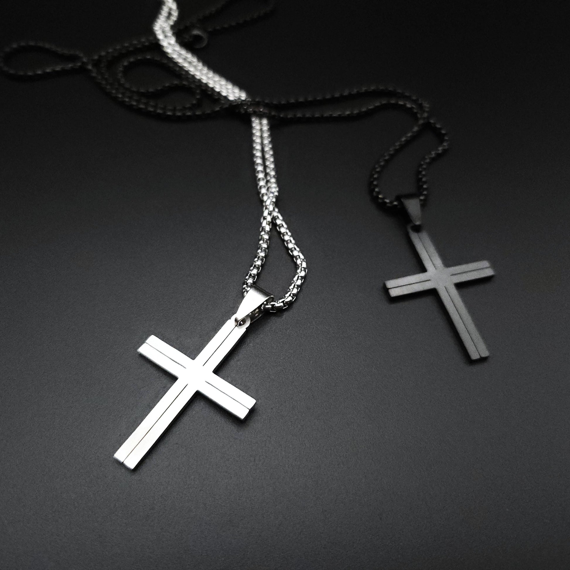 Mens Silver Black Cross Necklace Minimalist Stainless Steel Cross Pendant Necklace for Men Handmade Jewelry for Men Unique Gifts for Him