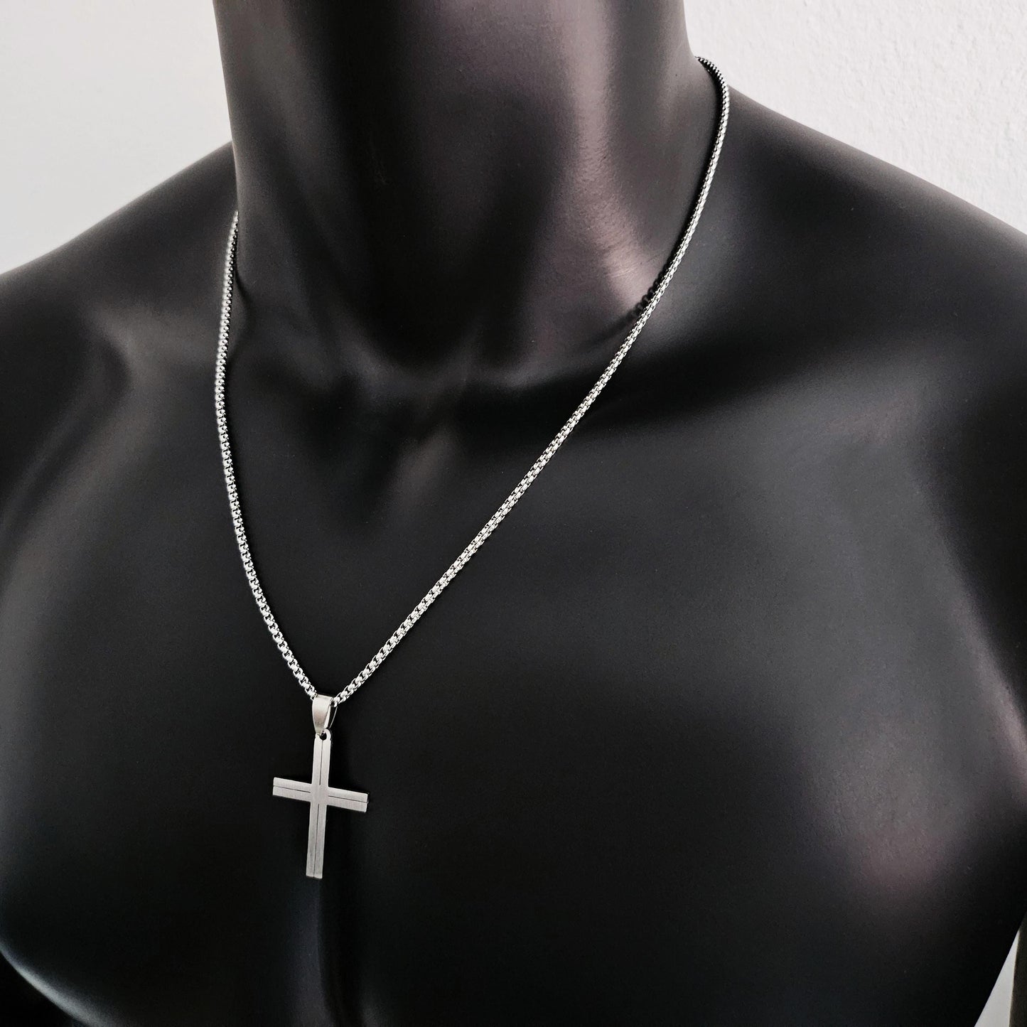 Mens Silver Black Cross Necklace Minimalist Stainless Steel Cross Pendant Necklace for Men Handmade Jewelry for Men Unique Gifts for Him