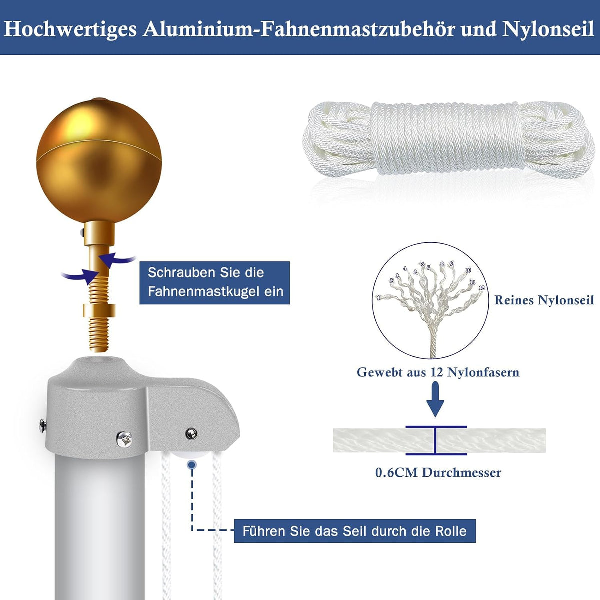 20FT Fahnenmast 6M Stabil, Aluminium Fahnenmast Höhenverstellbar, Fahnenstange Set Für Außenbereich, Deutscher Fahnenmast(Silber)