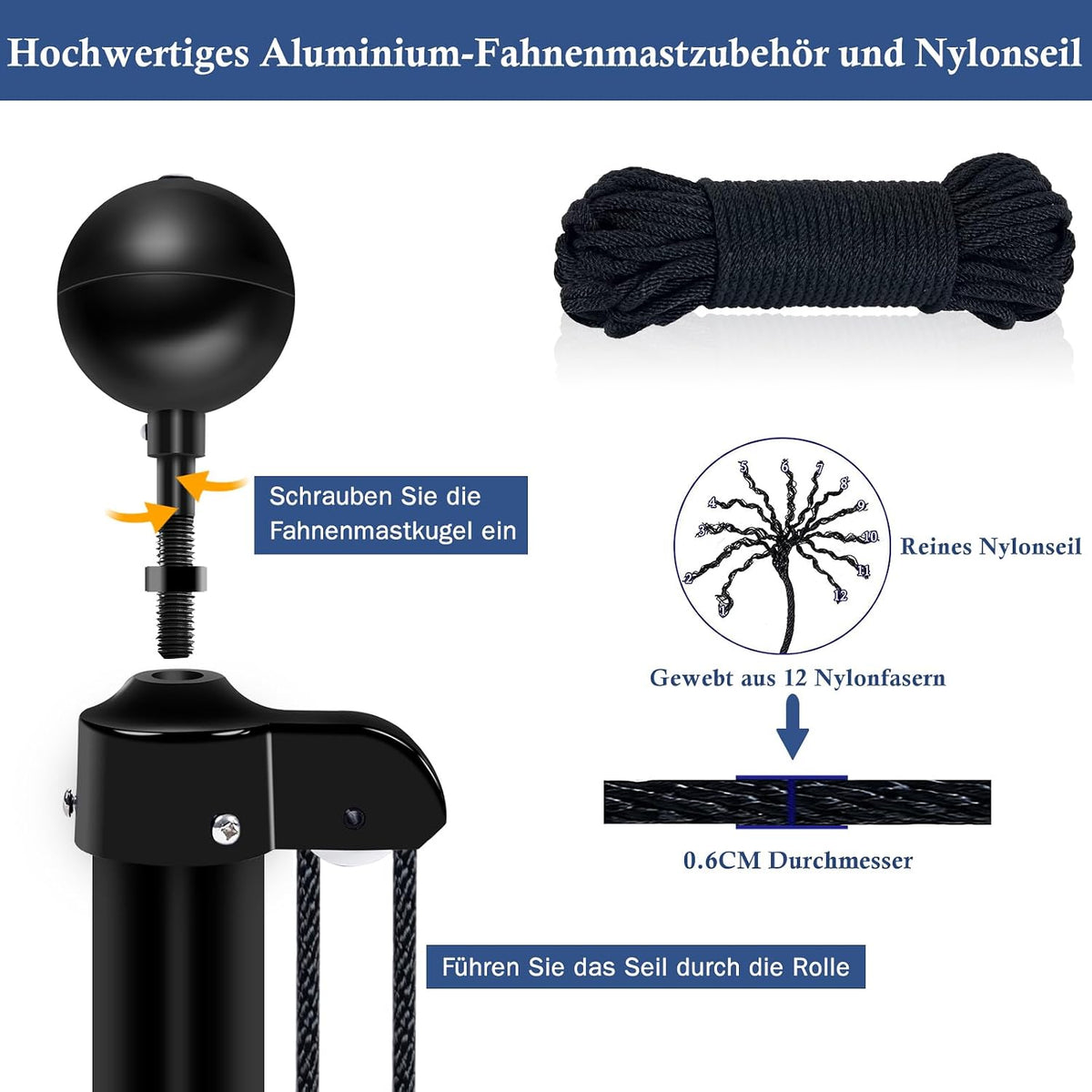 20FT Fahnenmast 6M Stabil, Aluminium Fahnenmast Höhenverstellbar, Fahnenstange Set Für Außenbereich,Deutscher Fahnenmast(Schwarz)