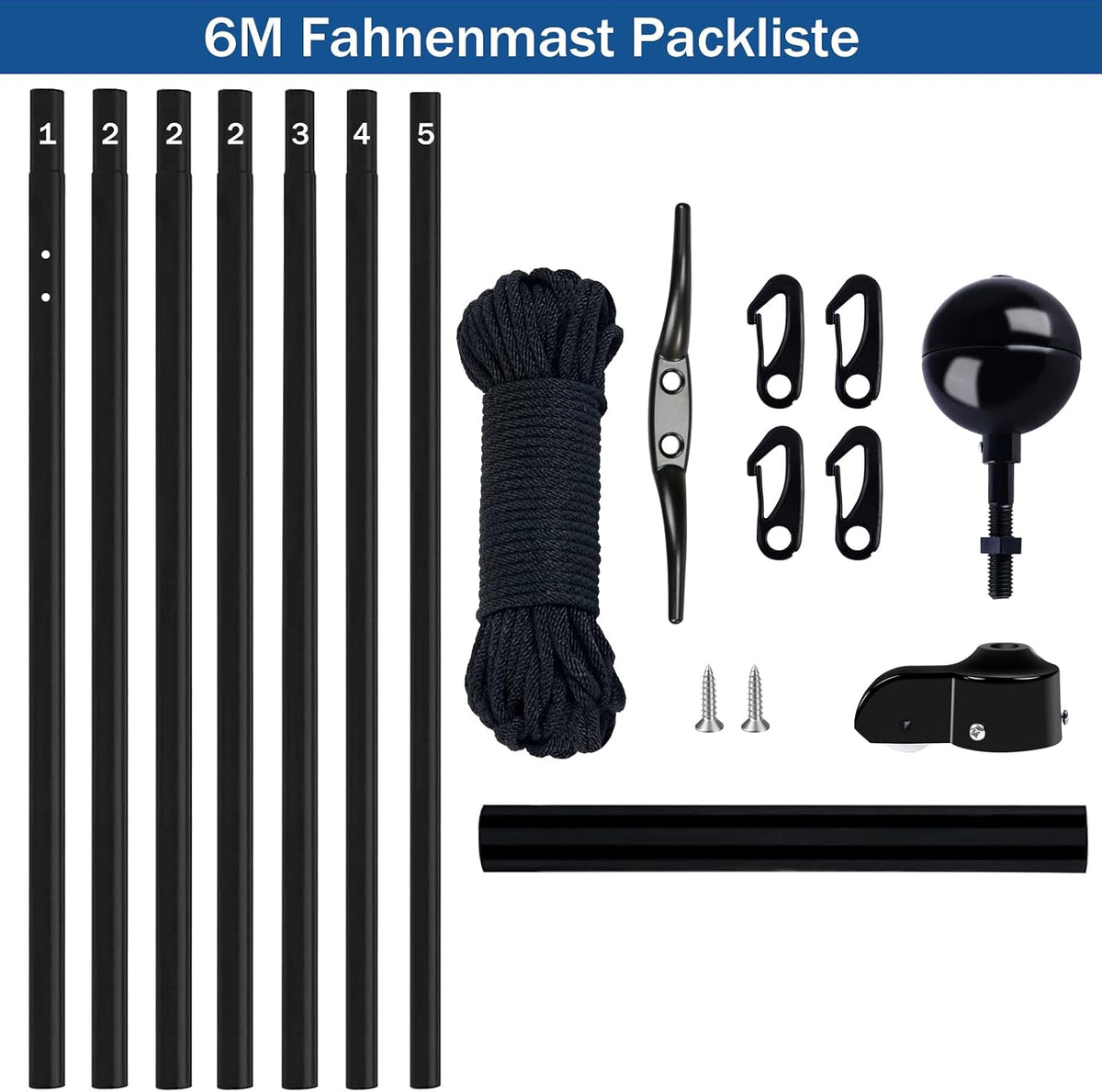 20FT Fahnenmast 6M Stabil, Aluminium Fahnenmast Höhenverstellbar, Fahnenstange Set Für Außenbereich,Deutscher Fahnenmast(Schwarz)