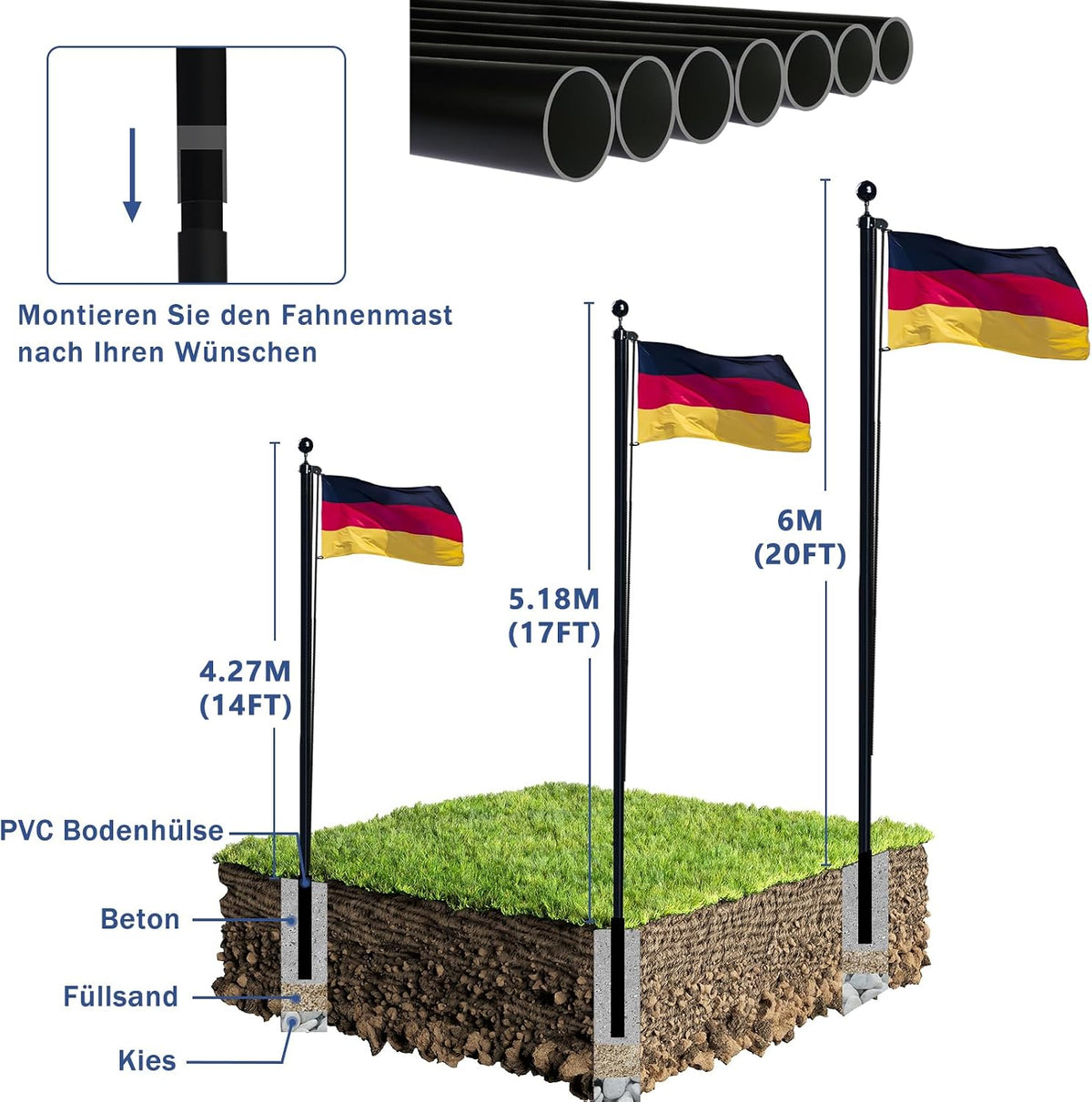 20FT Fahnenmast 6M Stabil, Aluminium Fahnenmast Höhenverstellbar, Fahnenstange Set Für Außenbereich,Deutscher Fahnenmast(Schwarz)