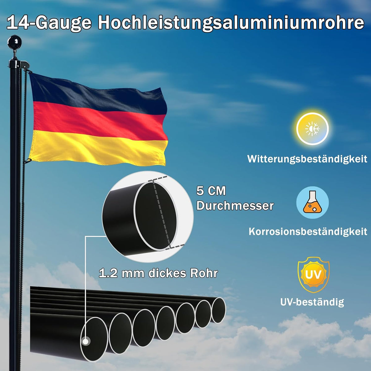 20FT Fahnenmast 6M Stabil, Aluminium Fahnenmast Höhenverstellbar, Fahnenstange Set Für Außenbereich,Deutscher Fahnenmast(Schwarz)