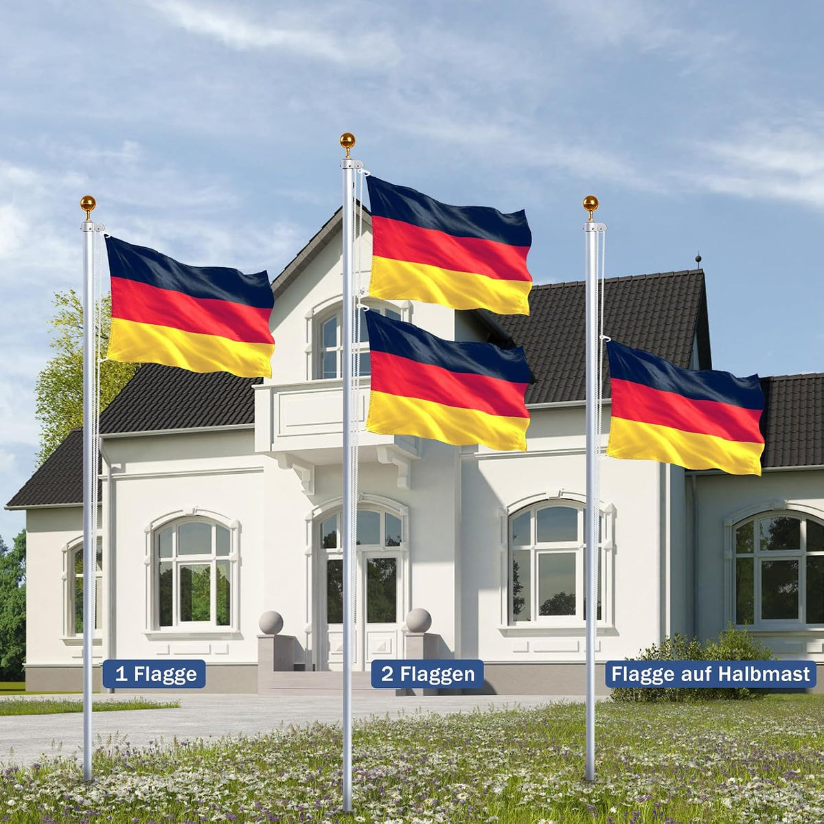 20FT Fahnenmast 6M Stabil, Aluminium Fahnenmast Höhenverstellbar, Fahnenstange Set Für Außenbereich, Deutscher Fahnenmast(Silber)