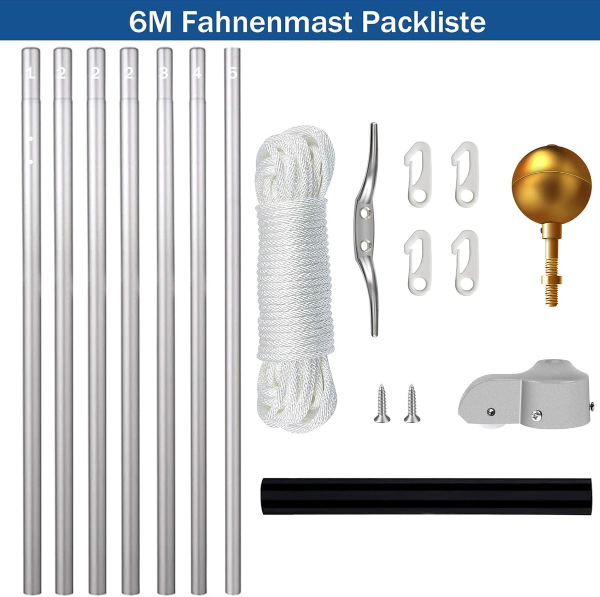 20FT Fahnenmast 6M Stabil, Aluminium Fahnenmast Höhenverstellbar, Fahnenstange Set Für Außenbereich, Deutscher Fahnenmast(Silber)