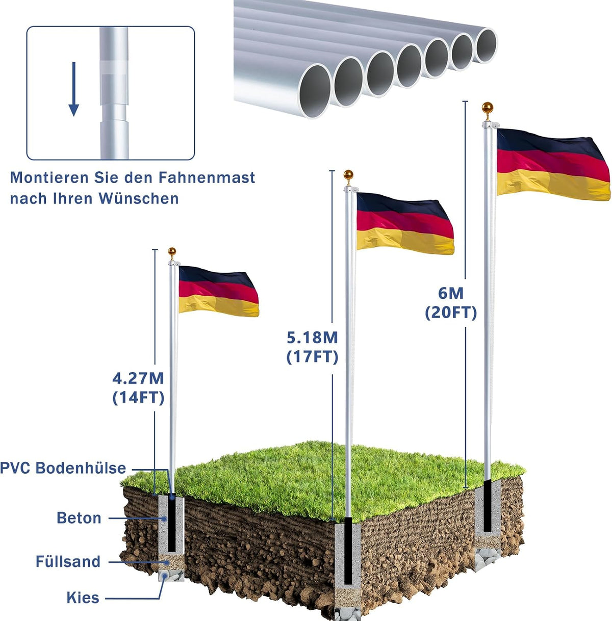 20FT Fahnenmast 6M Stabil, Aluminium Fahnenmast Höhenverstellbar, Fahnenstange Set Für Außenbereich, Deutscher Fahnenmast(Silber)