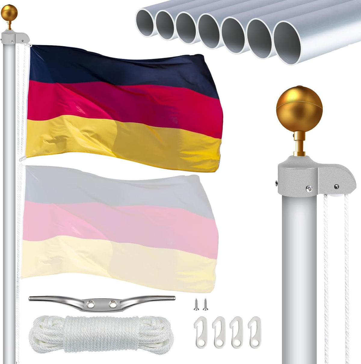 20FT Fahnenmast 6M Stabil, Aluminium Fahnenmast Höhenverstellbar, Fahnenstange Set Für Außenbereich, Deutscher Fahnenmast(Silber)