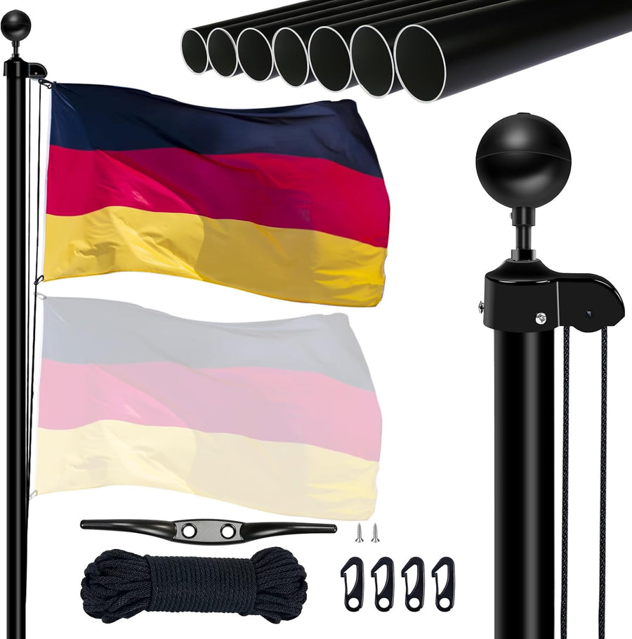 20FT Fahnenmast 6M Stabil, Aluminium Fahnenmast Höhenverstellbar, Fahnenstange Set Für Außenbereich,Deutscher Fahnenmast(Schwarz)