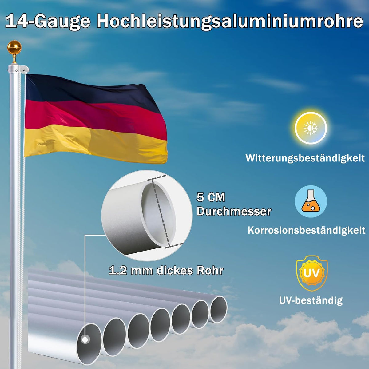 20FT Fahnenmast 6M Stabil, Aluminium Fahnenmast Höhenverstellbar, Fahnenstange Set Für Außenbereich, Deutscher Fahnenmast(Silber)